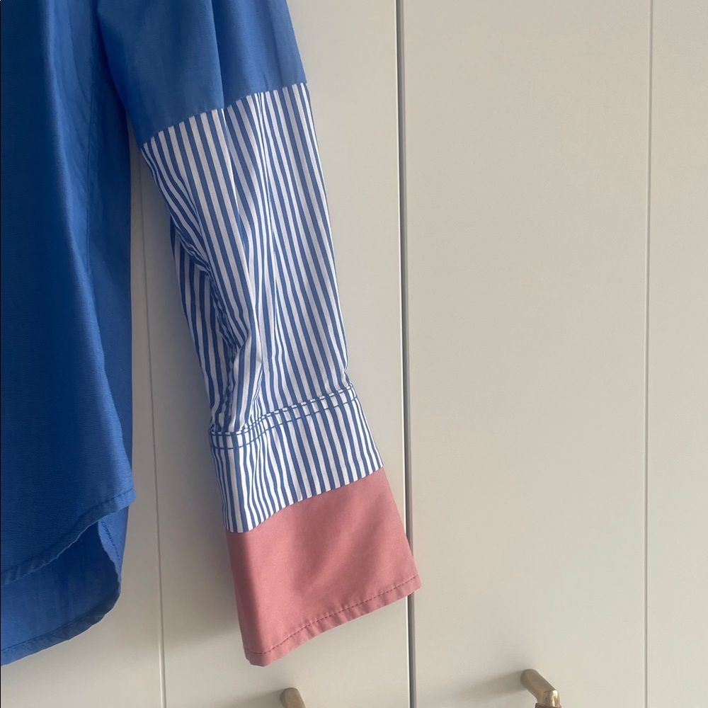 Tanya Taylor Blue Blouse with Pink and Striped Accents - Picture 3 of 5